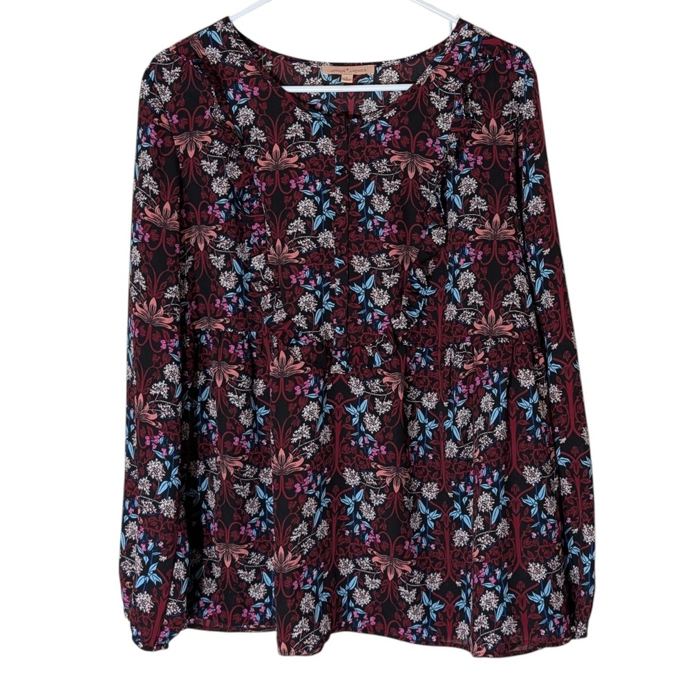 Gibson Latimer Blouse Ruffle Front Long Sleeve Black Floral Peasant Womens Large
